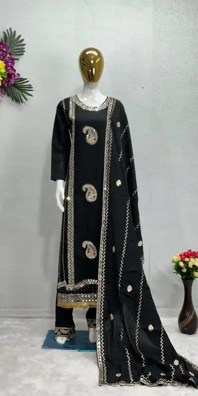Gorgeous Black Color Roman Silk Embroidered Salwar Suit