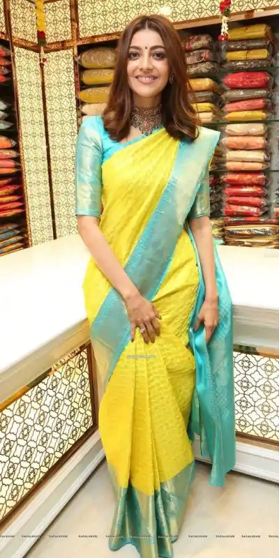 Kajal Aggarwal Yellow Color Soft Lichi Silk Jacquard All Over Saree