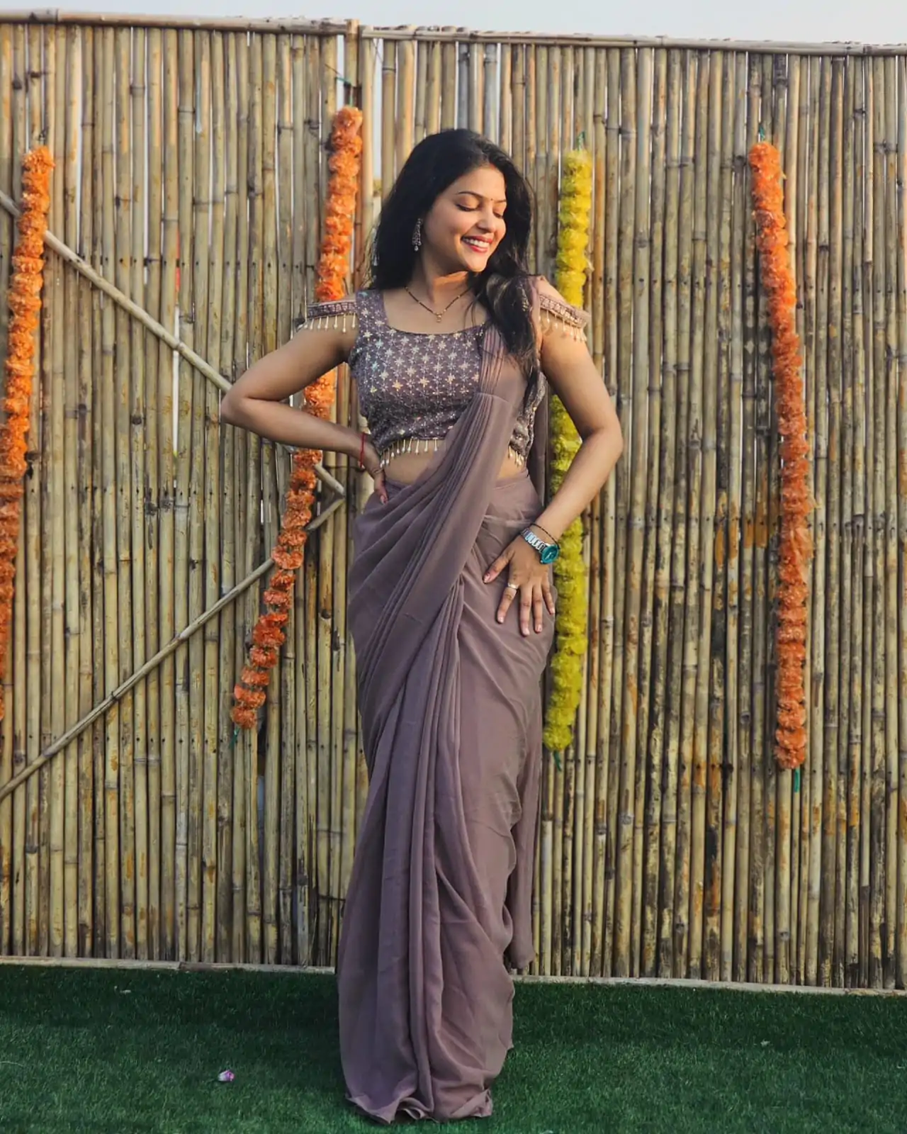 Majestic Grey Color Faux Georgette Sequence Embroidery Saree - Image 5