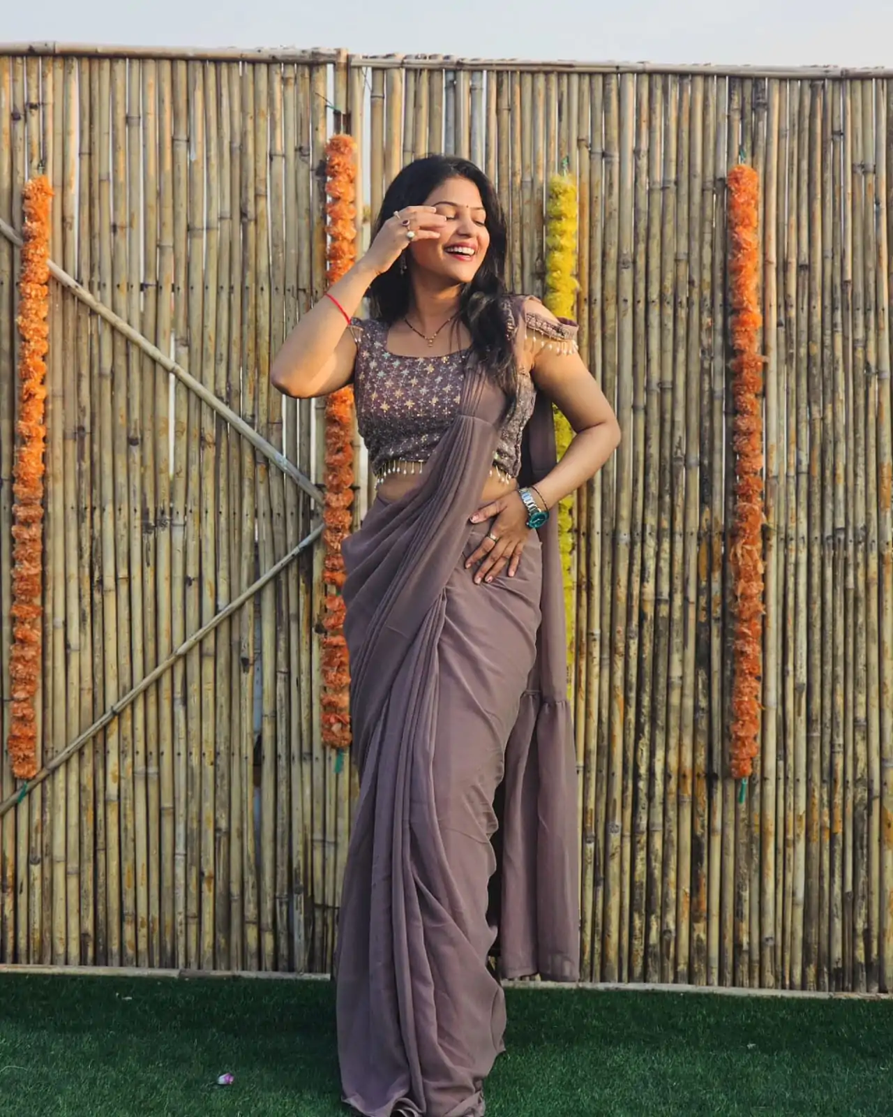 Majestic Grey Color Faux Georgette Sequence Embroidery Saree - Image 6