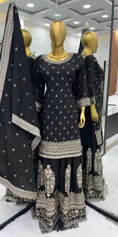 Artful Black Color Chinon Silk Malty Embroidery Sharara Suit