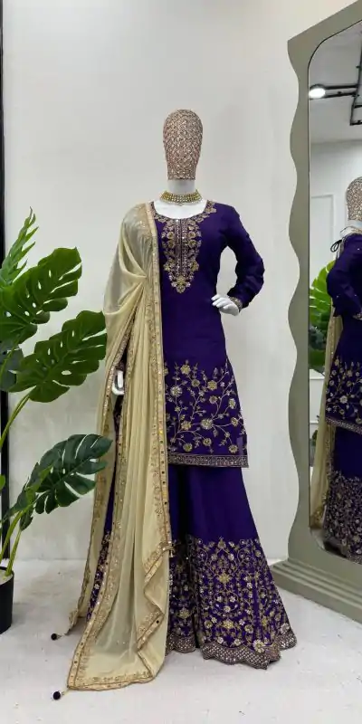 Artful Dark Violet Color Chinon Silk Sequence Thread Work Salwar Suit