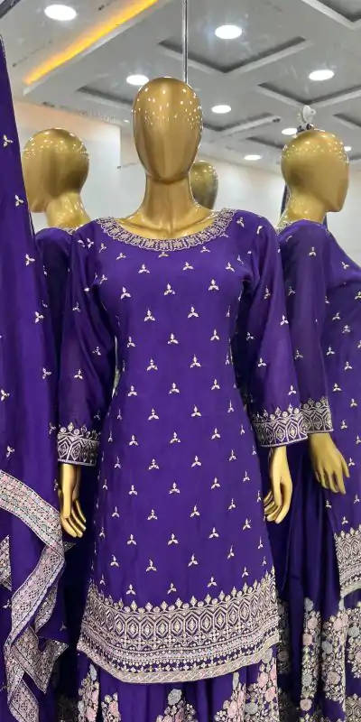 Artful Violet Color Chinon Silk Malty Embroidery Sharara Suit