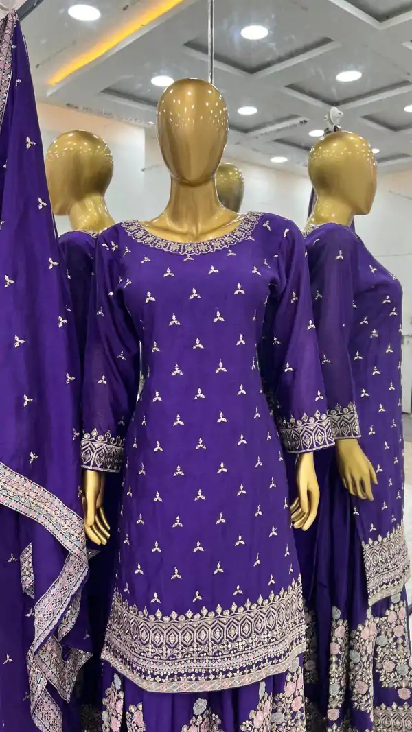 Artful Violet Color Chinon Silk Malty Embroidery Sharara Suit