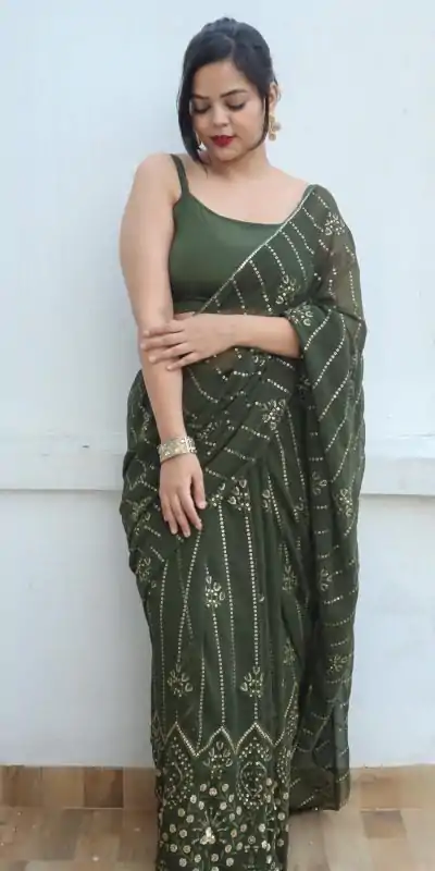 Beautiful Green Color Georgette Embroidery Sequence Saree