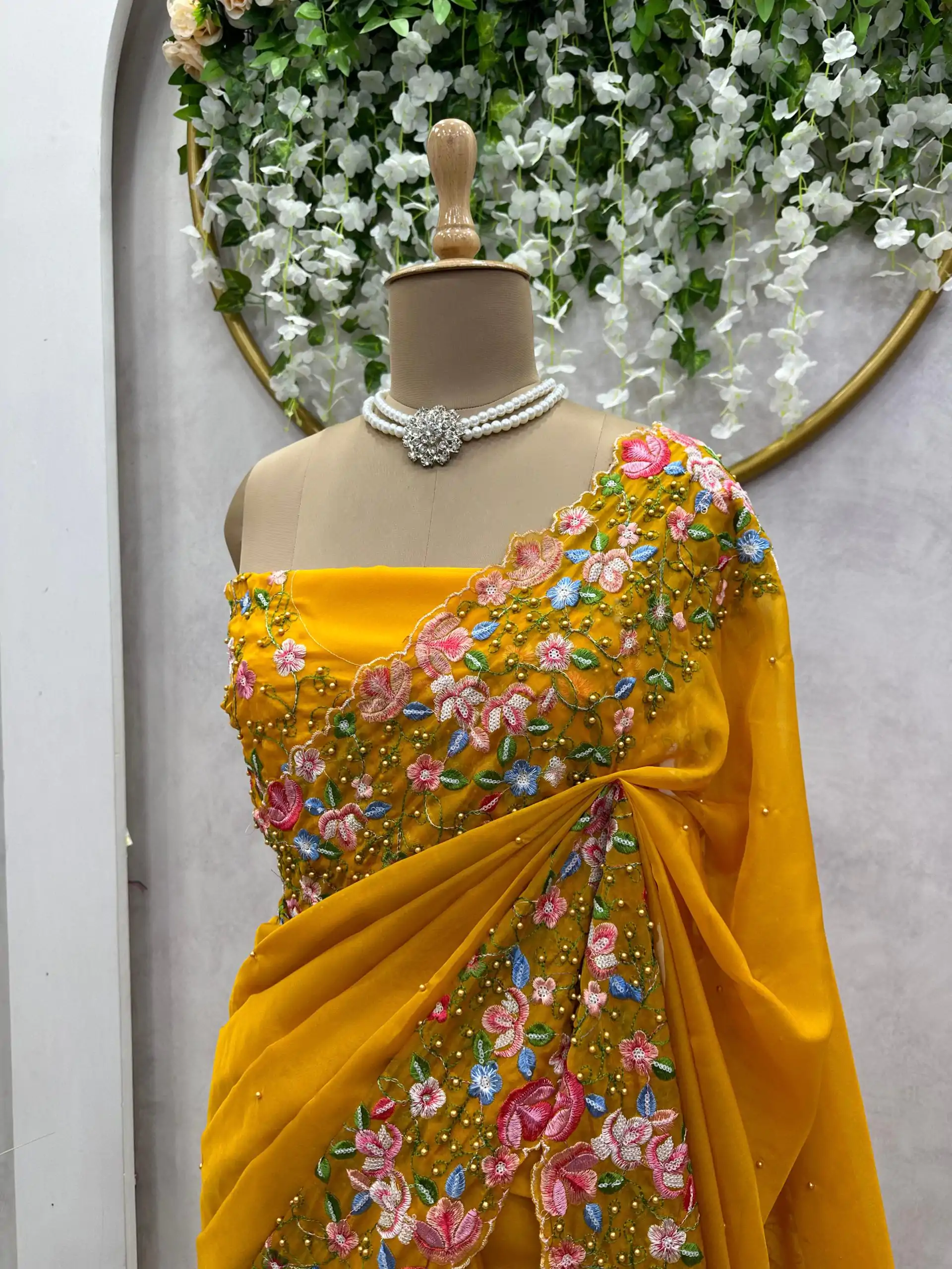 Beautiful Yellow Color Tabby Silk Thread Sequence Work Saree - Image 2