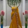 Beautiful Yellow Color Tabby Silk Thread Sequence Work Saree