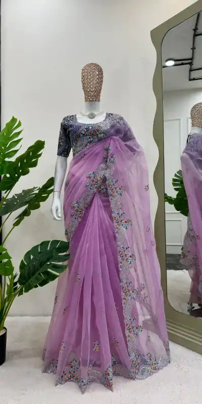 Classic Violet Color Organza Silk Thread Sequence Work Saree