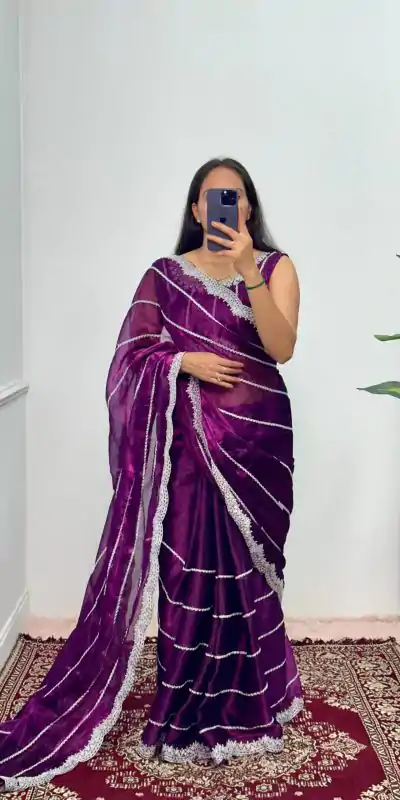 Fancy Purple Color Burberry Blooming Embroidery Zari Saree
