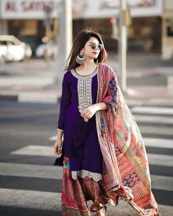 Grand Violet Color Chinon Silk Embroidery Work Sharara Suit