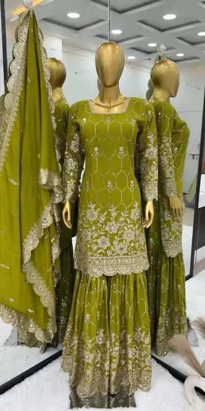 Stylish Green Color Chinnon Silk Embroidery Work Sharara Suit