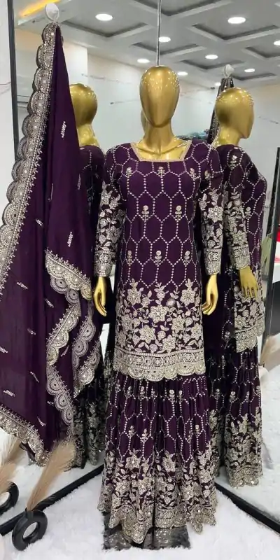 Stylish Purple Color Chinnon Silk Embroidery Work Sharara Suit