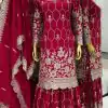 Stylish Red Color Chinnon Silk Embroidery Work Sharara Suit