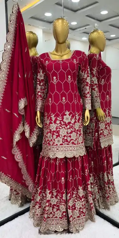 Stylish Red Color Chinnon Silk Embroidery Work Sharara Suit