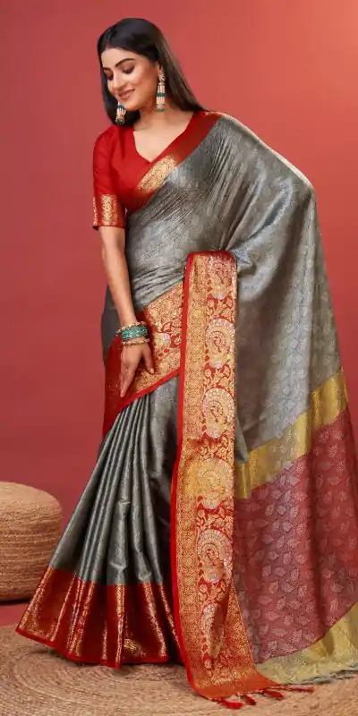 Superb Grey Color Rich Cotton Jacquard Silk Saree