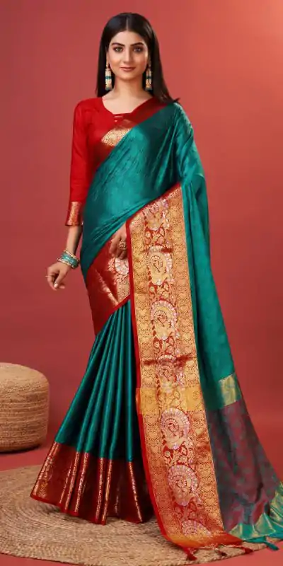 Superb Peacock Green Color Rich Cotton Jacquard Silk Saree