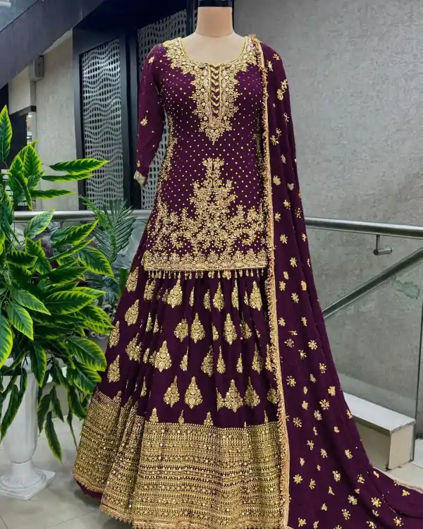 Captivating Purple Color Chinnon Silk Embroidery Lehenga Choli