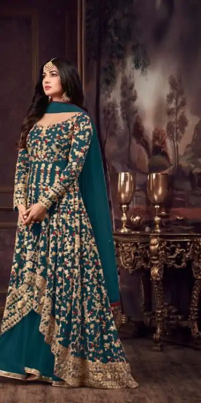 Fine Peacock Blue Heavy Net Embroidery Sequence Salwar Suit