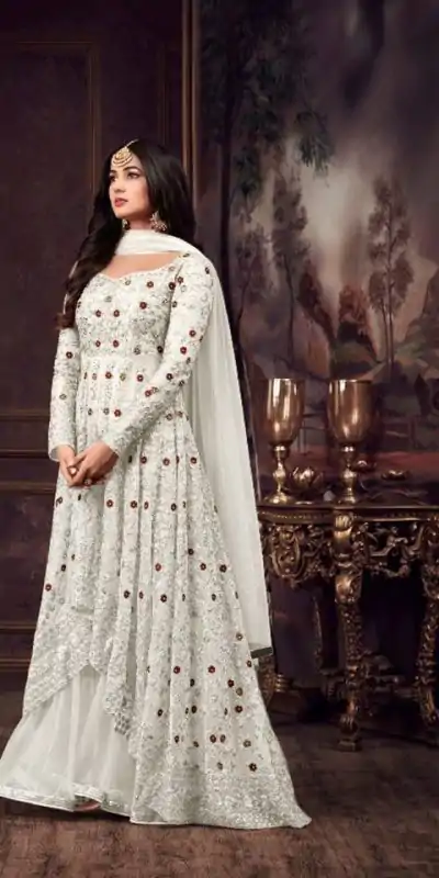 Fine White Color Heavy Net Embroidery Sequence Salwar Suit