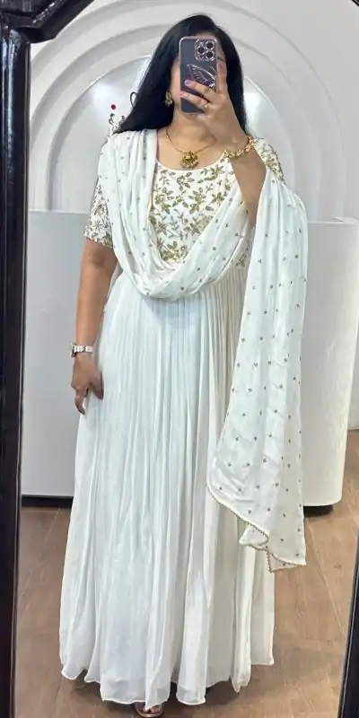 Graceful White Color Chinon Silk Thread Sequence Anarkali Suit