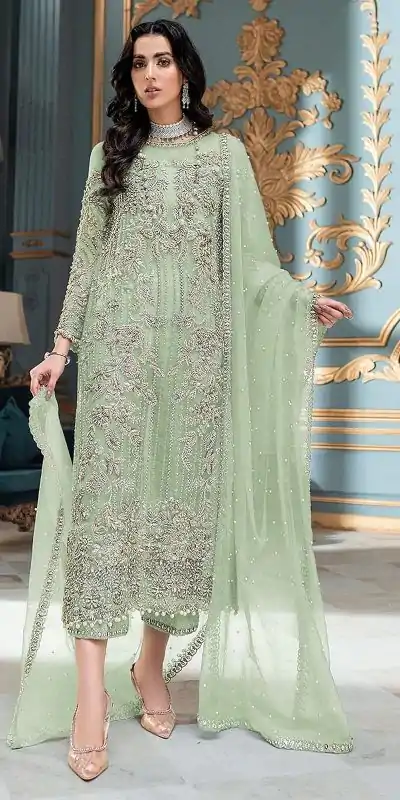 Pretty Light Green Organza Embroidery Sequence Salwar Suit
