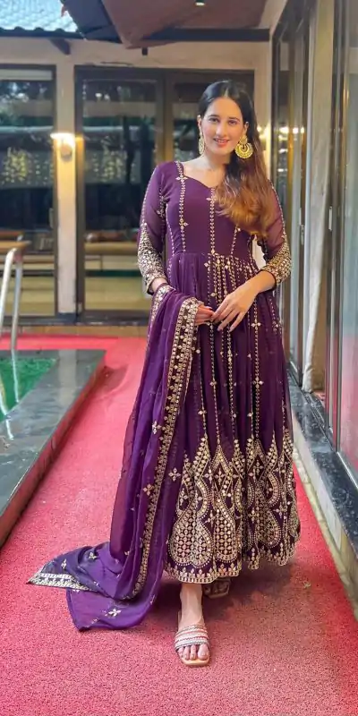 Pretty Purple Georgette Embroidery Sequence Anarkali Suit