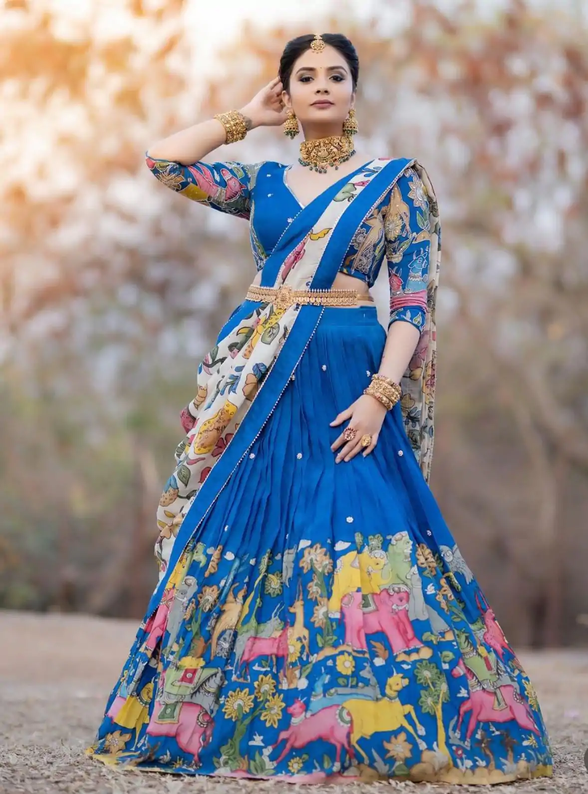 Sreemukhi Blue Color Chant Crepe Kalamkari Printed Lehenga Choli