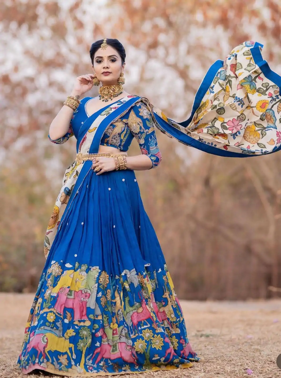 Sreemukhi Blue Color Chant Crepe Kalamkari Printed Lehenga Choli - Image 5