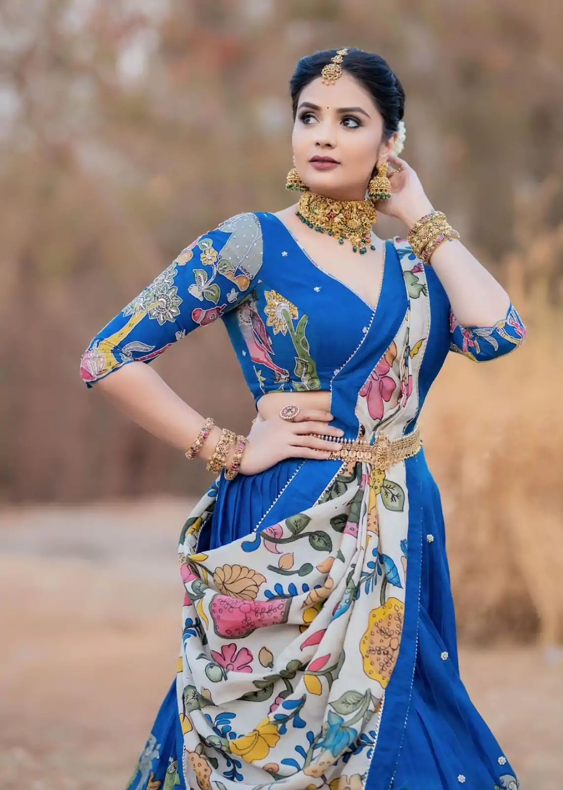 Sreemukhi Blue Color Chant Crepe Kalamkari Printed Lehenga Choli - Image 4