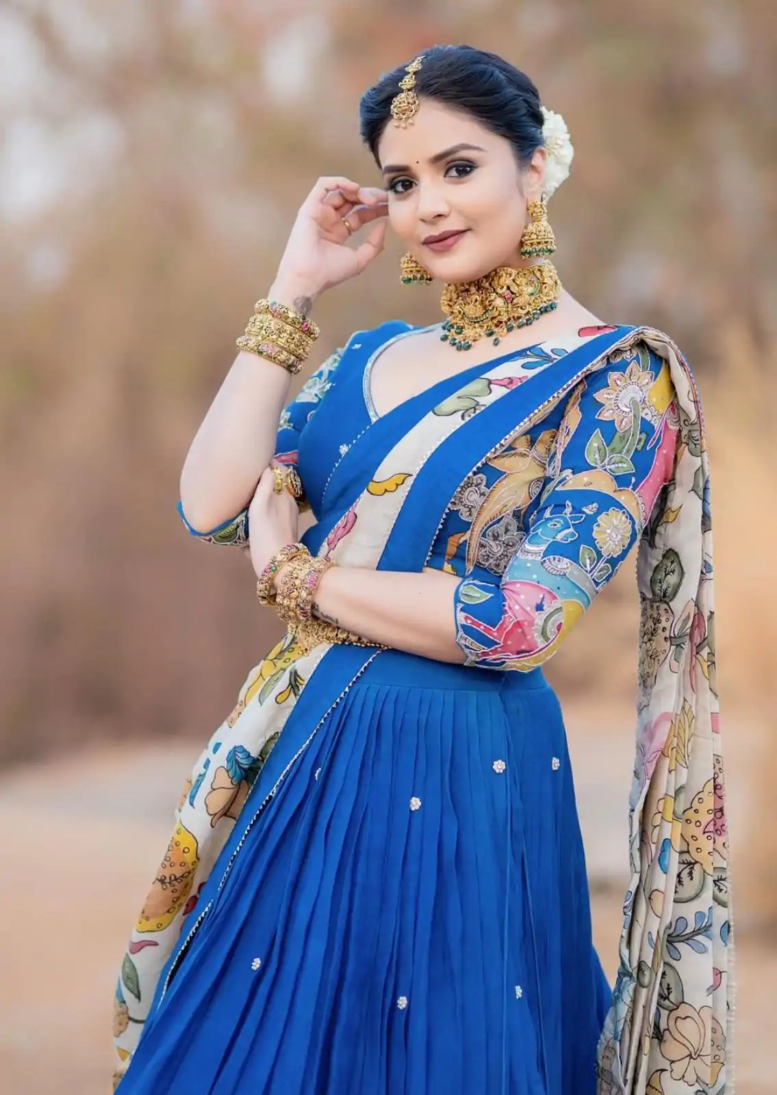 Sreemukhi Blue Color Chant Crepe Kalamkari Printed Lehenga Choli - Image 3