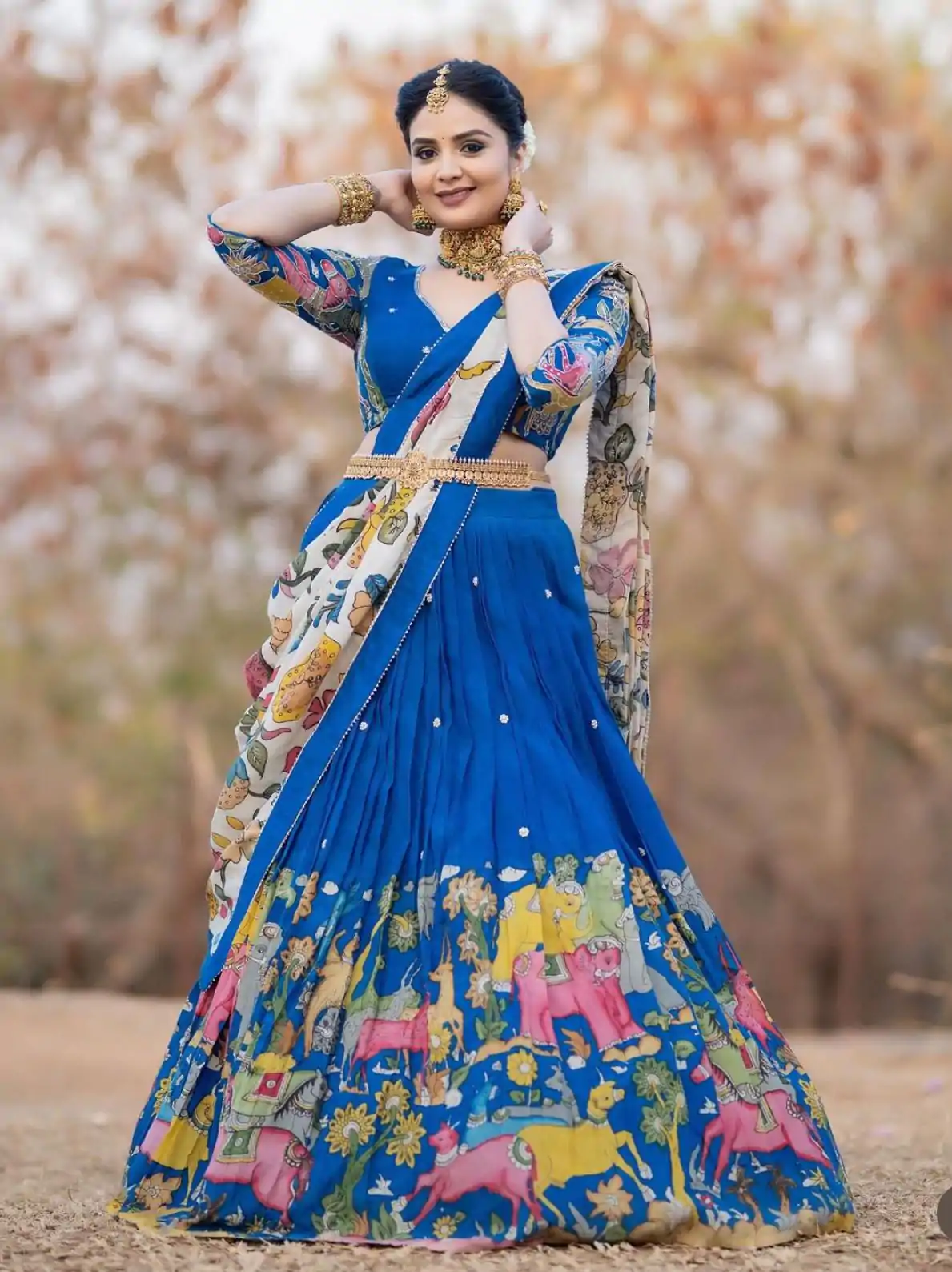 Sreemukhi Blue Color Chant Crepe Kalamkari Printed Lehenga Choli - Image 2
