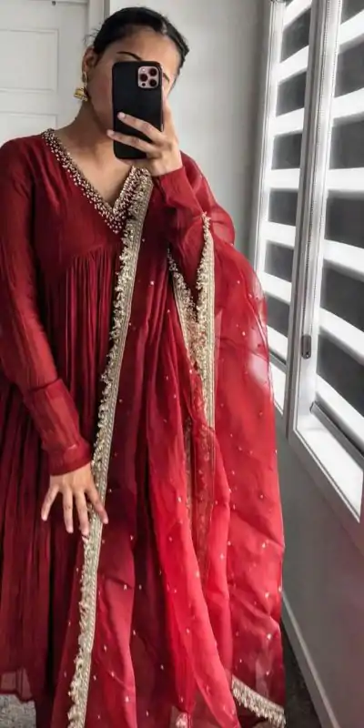 AD 152 Red Color Pure Chinon Silk Embroidery Gown Fancy Full Sleeve Wedding, Party, Festive, Events Etc. Expected Delivery  4-6 Working Days @1799/ | Jump Suits, Salwar suit, Designer Suits, Casual Suits, Creative suits, Palazzo Suits, Party Wear Suits, Patiala Suits, Straight Suits