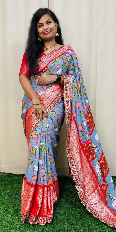 Beautiful Blue Color Dola Silk With Zari Weaving Border Saree