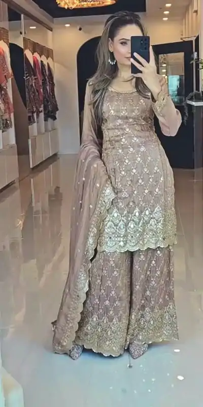 Classic Cream Color Chinnon Silk Embroidery Sequence Work Real Mirror Hand Work Salwar Suit