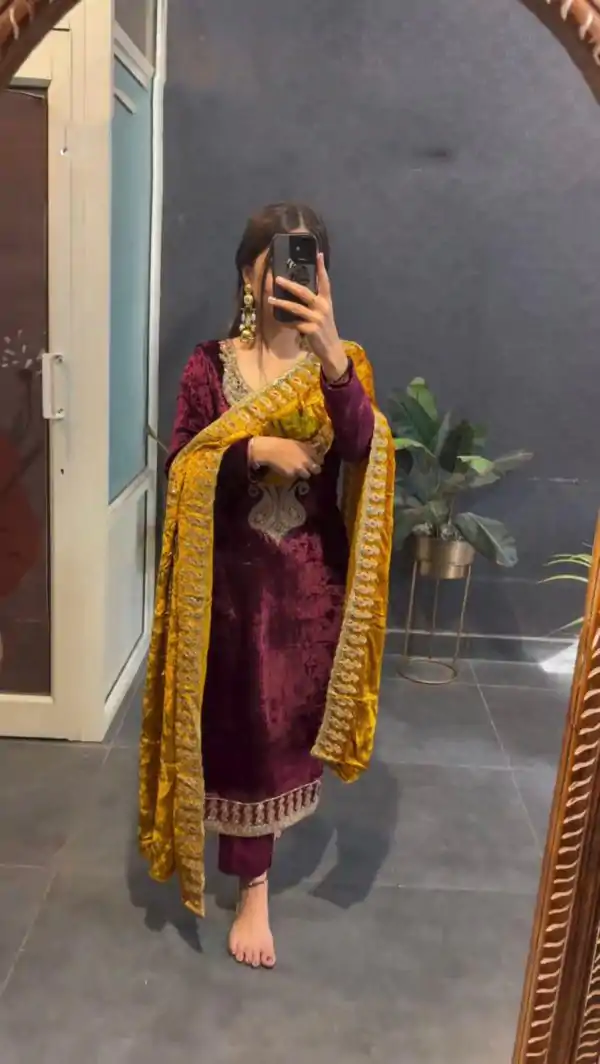 Magical Marron Color Velvet With Heavy Embroidery Sequence Salwar Suit