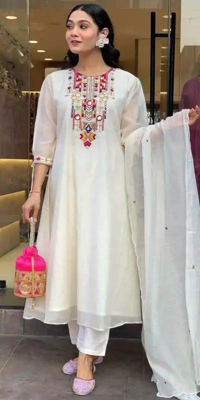 Stylist White Color Chanderi Silk With Mirror Work Embroidery Salwar Suit