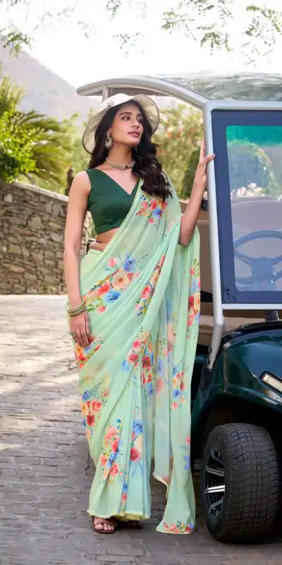 Amazing Light Pista Color Weightless Marble Floral Printed Saree