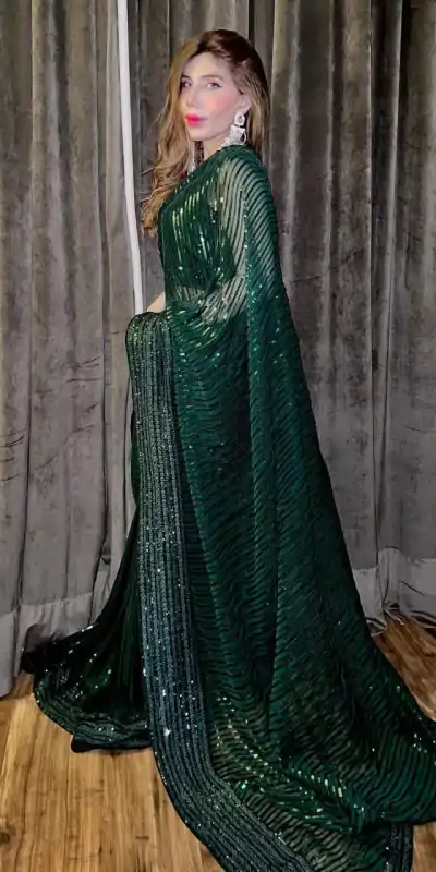Glowing Green Color Fox Georgette Embroidery Sequence Work Saree