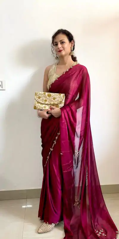 Gorgeous Rani Pink Color Rangoli Silk Handwork Cutwork Pearl Saree