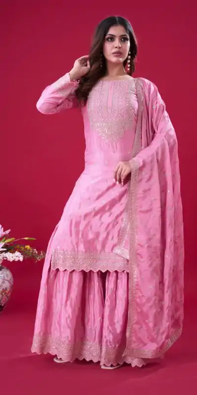 Perfect Pink Color Chinon Silk Sequence Work Salwar Suit