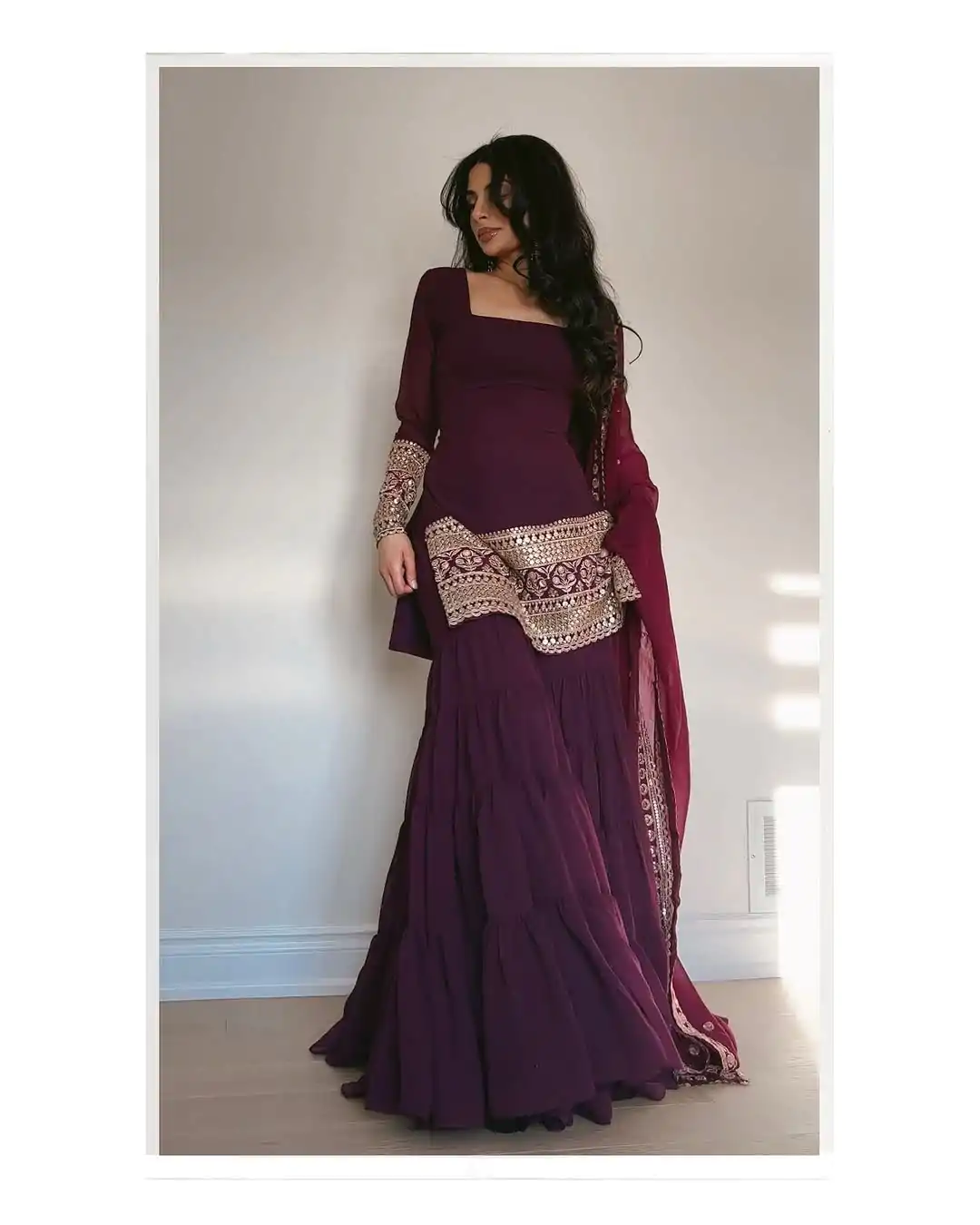 Simple Wine Color Georgette Thread Sequence Salwar Suit - Image 3