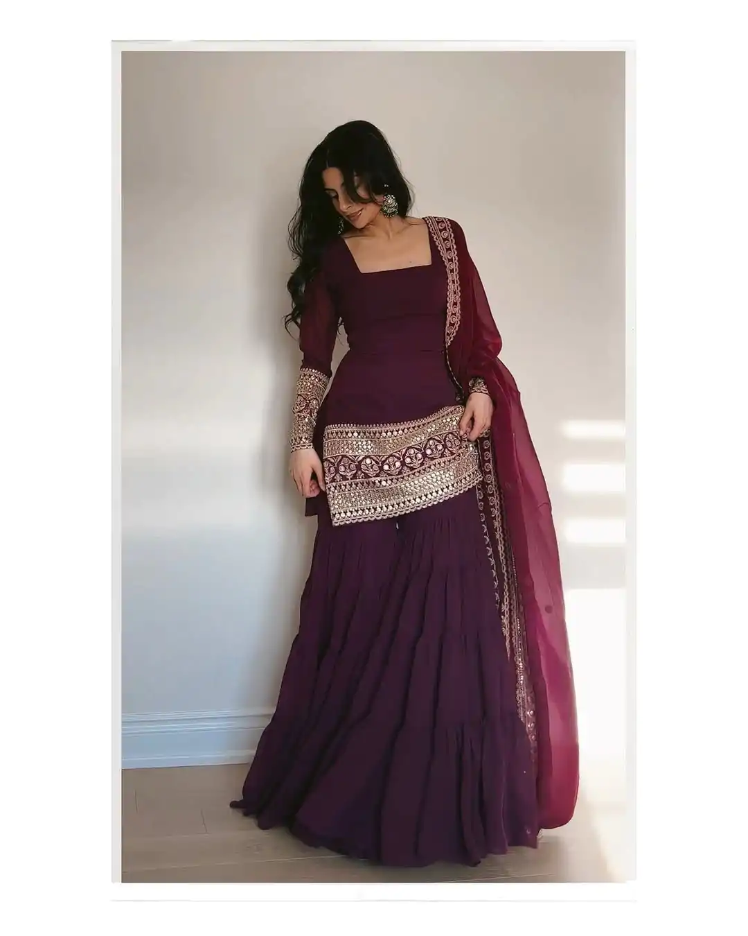 Simple Wine Color Georgette Thread Sequence Salwar Suit
