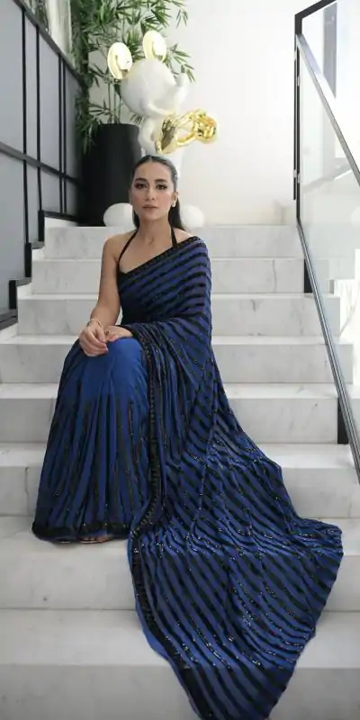 Stunning Navy Blue Color Georgette Sequence Work Saree