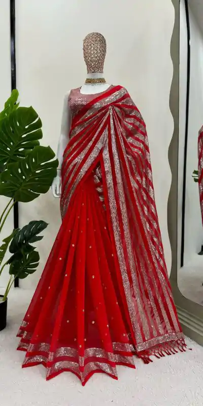 Traditional Red Color Georgette Thread Sequence Work Saree