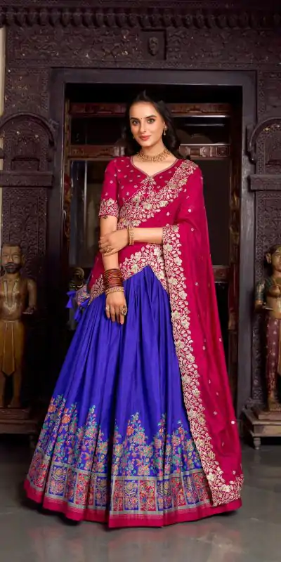 Blue Tasar Printed Foil Work Lehenga Choli