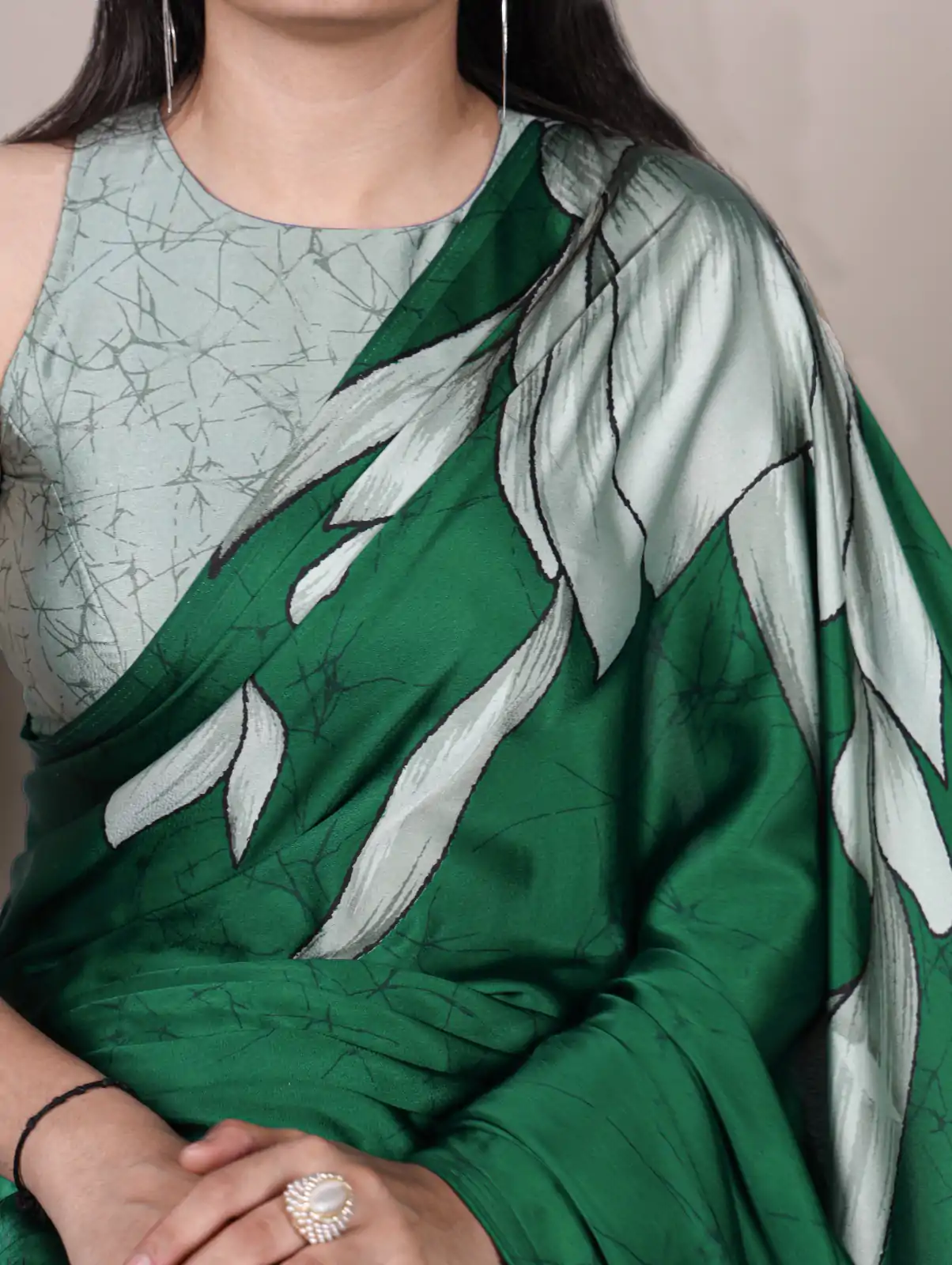 Green Satin Floral Printed Saree - Image 2