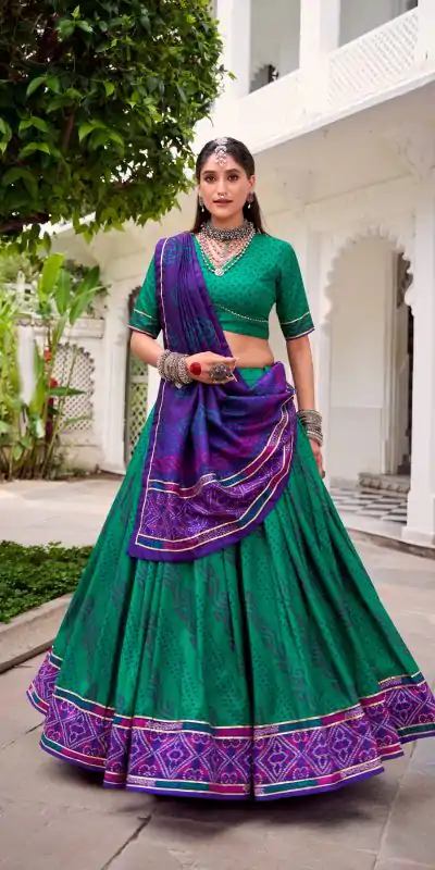 Green Tasar Silk Bandhej Print Lehenga Choli