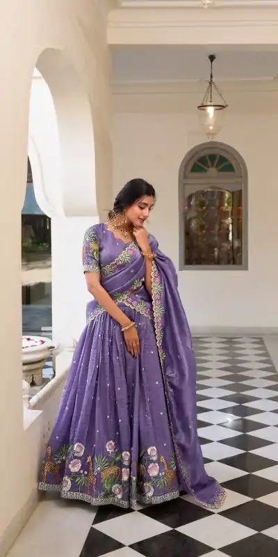 Lavender Gold Crush Sequins Embroidery Work Lehenga Choli