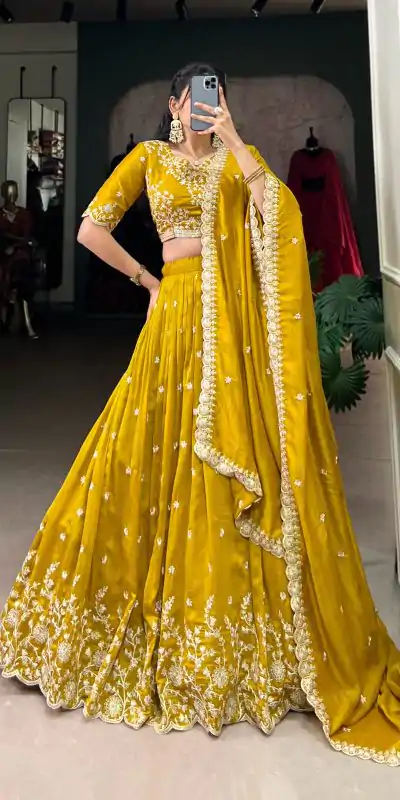 Mustard Vichitra Silk Sequins Lehenga Choli