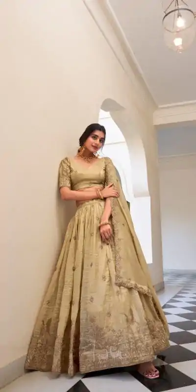 Off White Gold Crush Sequins Embroidery Work Lehenga Choli